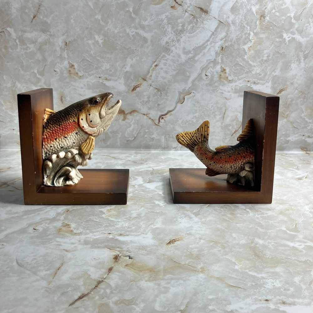 VTG Sterling Rainbow Trout Freshwater Fish Bookends Resin & Wood Rustic - Picture 3 of 12